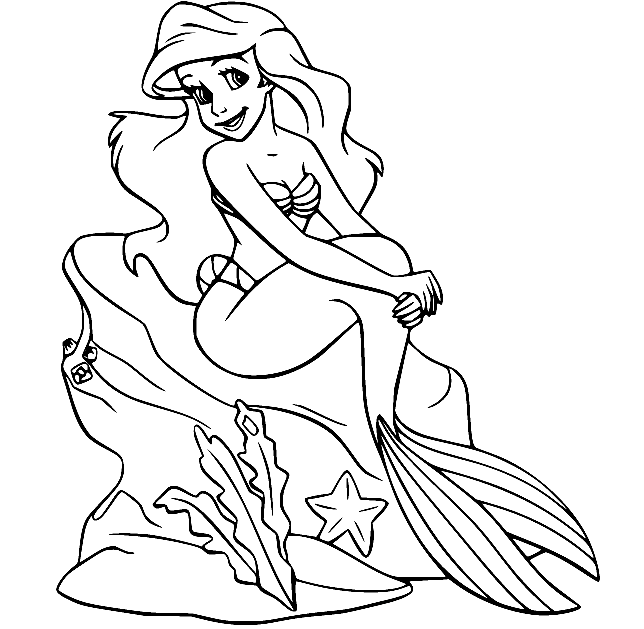 Prinses Ariel op de rots met Seastars Kleurplaat