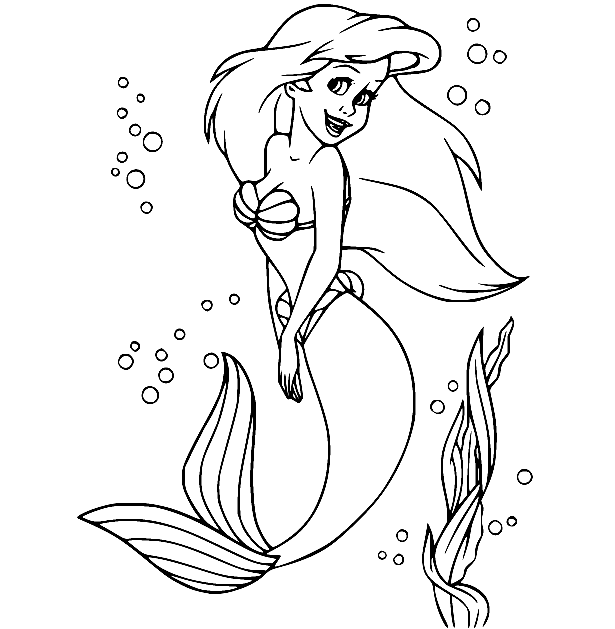 Princess Ariel with Seaweed and Bubbles Coloring Page