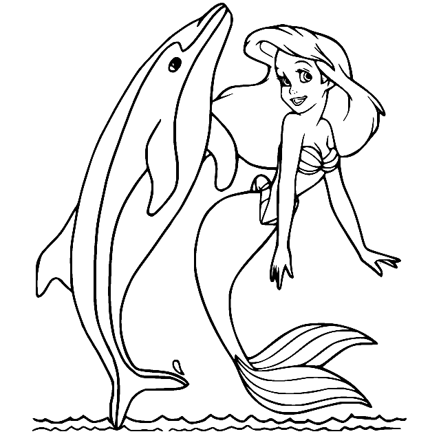 Princesa Ariel com um golfinho para colorir