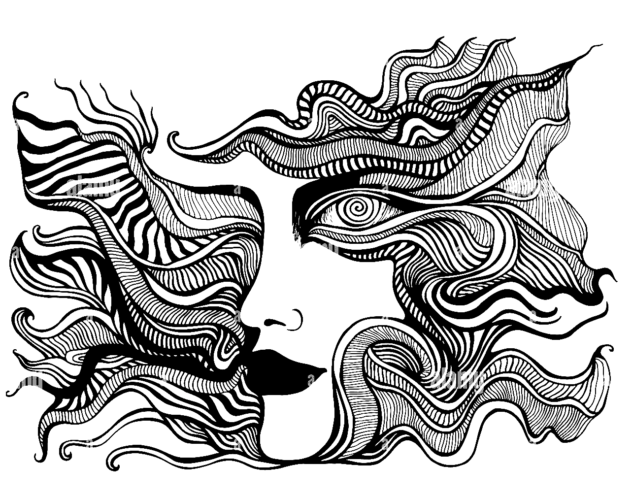 Página para colorear de cara psicodélica con ojo en espiral
