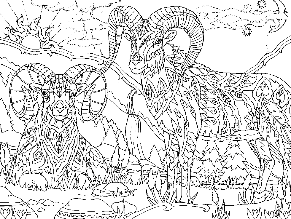 Página para colorir de cabra psicodélica