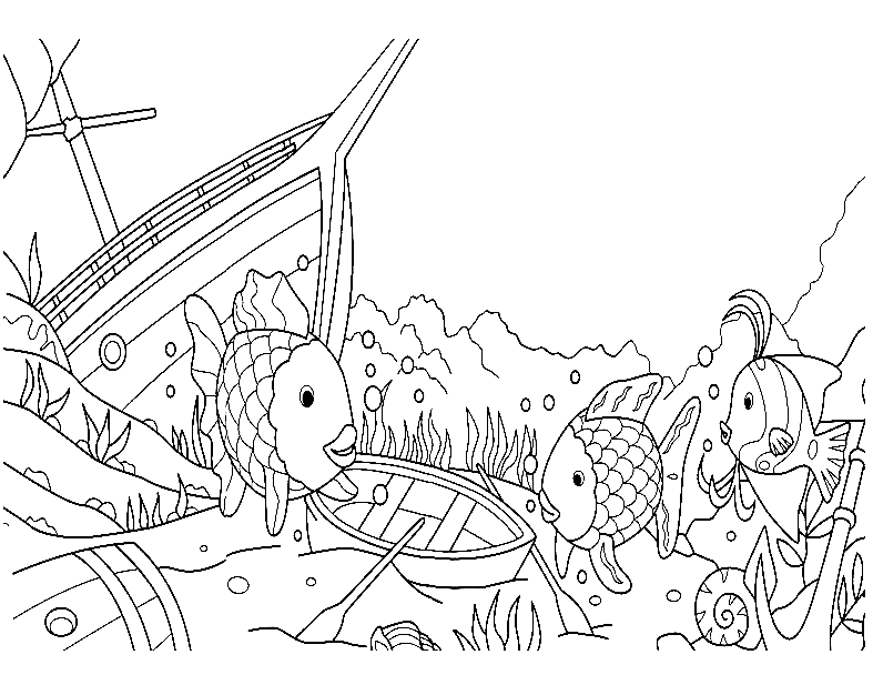 Rainbow Fish in Shipwreck Park Coloring Page