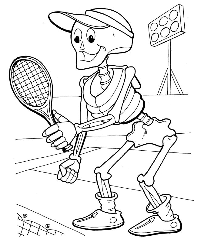 Coloriage squelette jouant au tennis