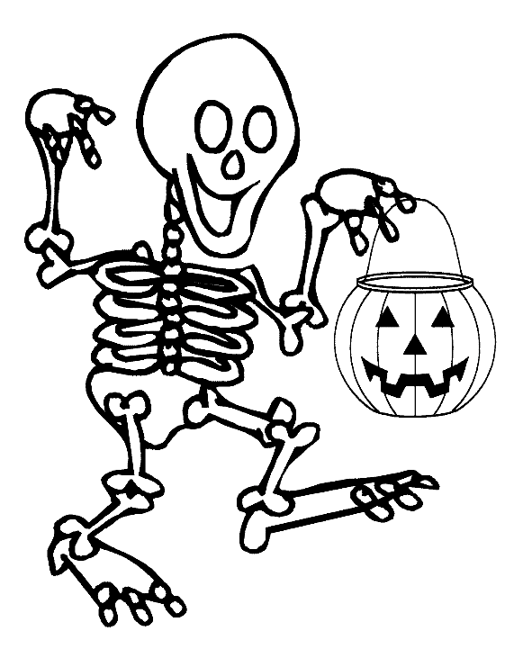 Skelet met pompoensnoepzak Kleurplaat