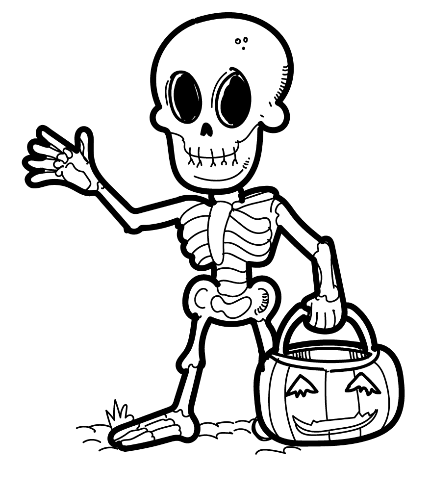 Skeleton and Pumpkin Lantern Coloring Page