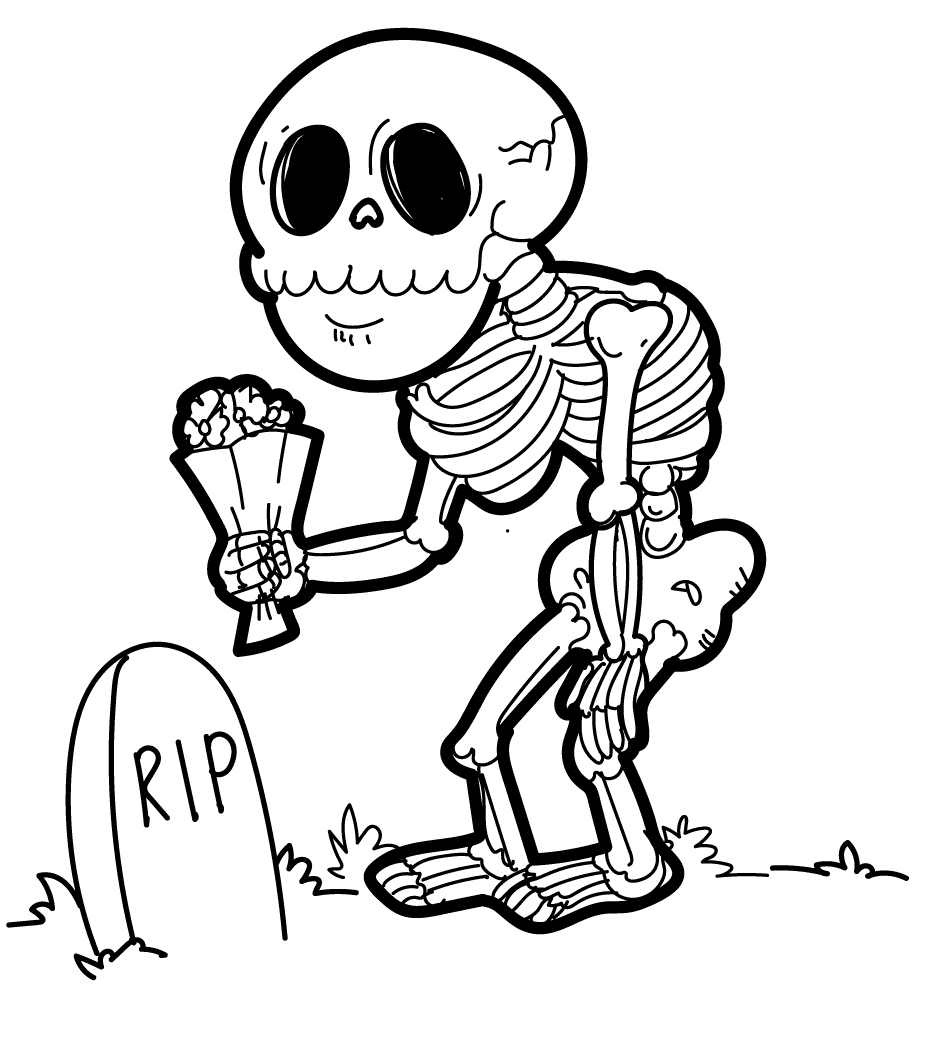 Skelett mit Blumenstrauß vom Skelett