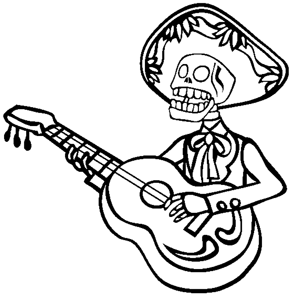 Desenho de esqueleto com guitarra para colorir