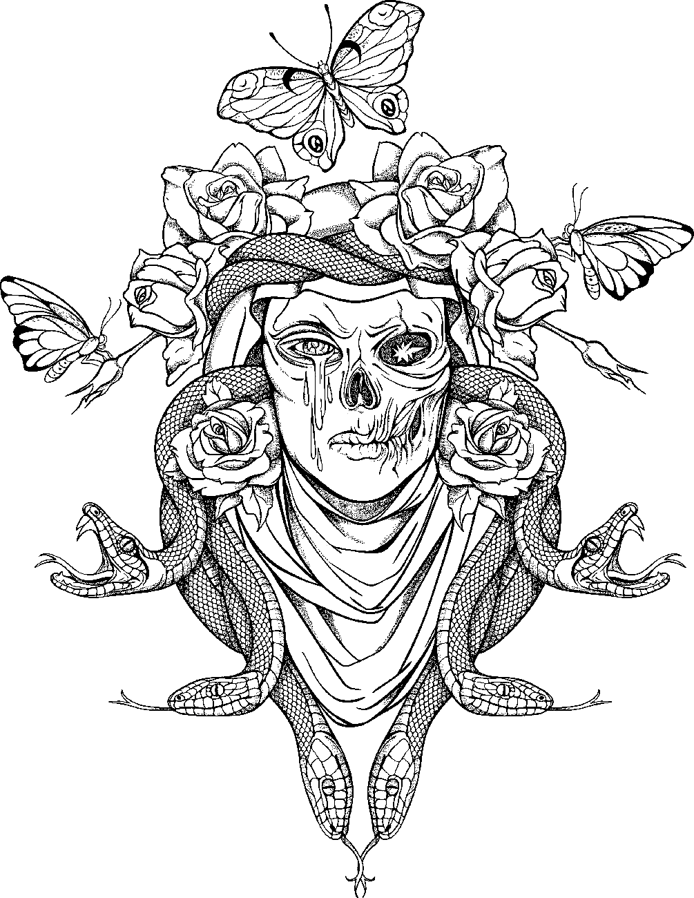 Skull, Snakes, Butterflies and Roses Coloring Page