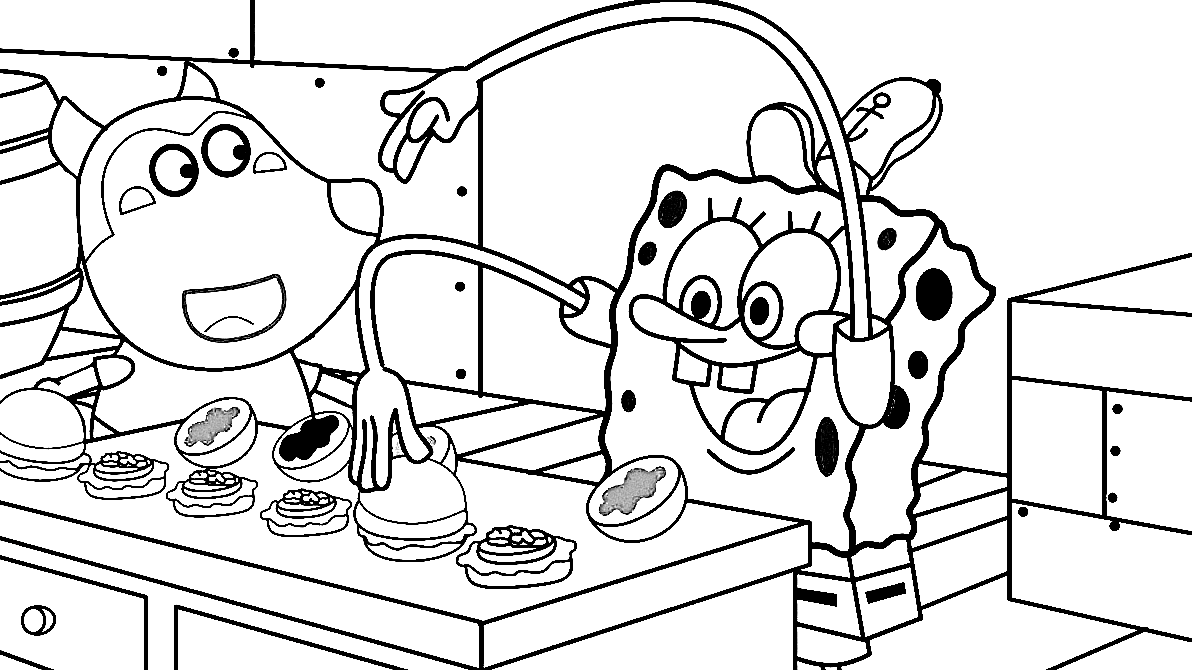 Spongebob impara a fare il tortino krabby per la pagina da colorare di Wolfoo