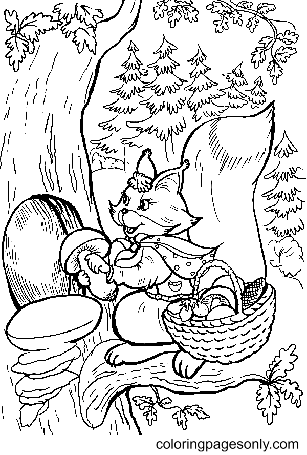 Squirrel puts Mushrooms in the House Coloring Page