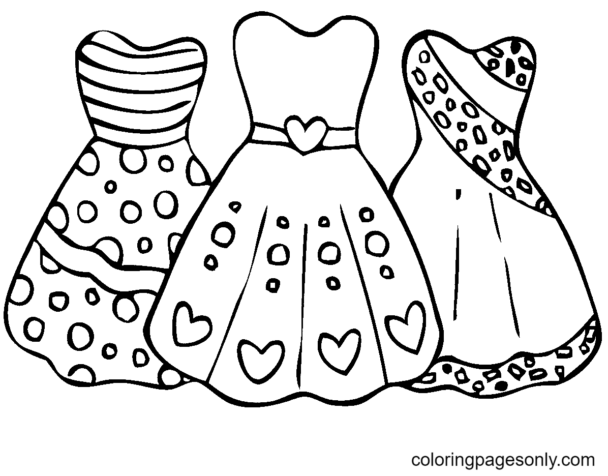 tres vestidos de princesa para colorear página