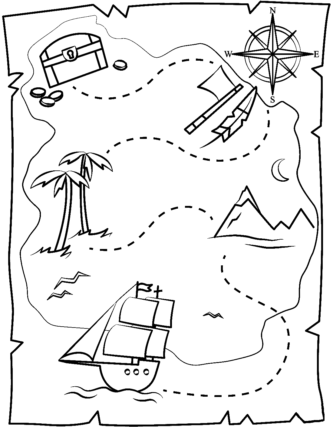 Pagina da colorare della mappa dello scrigno del tesoro