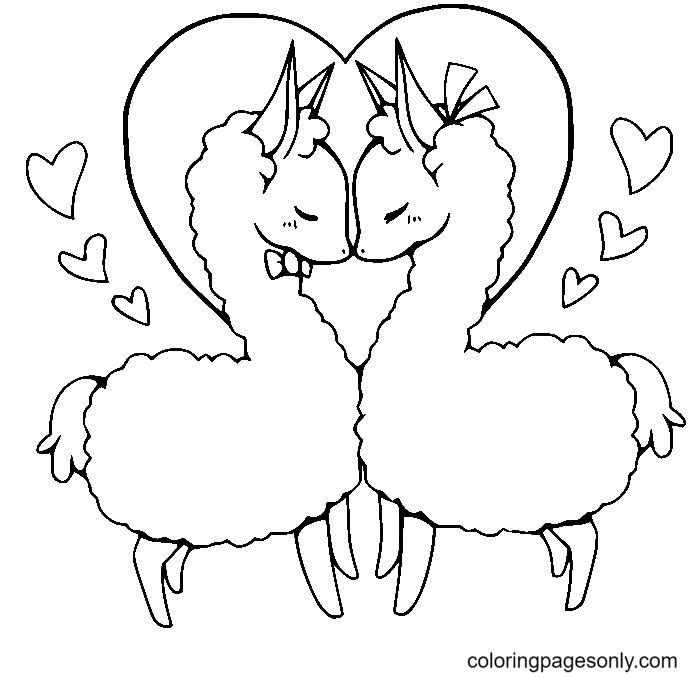 Two Llama Fall in Love Coloring Page