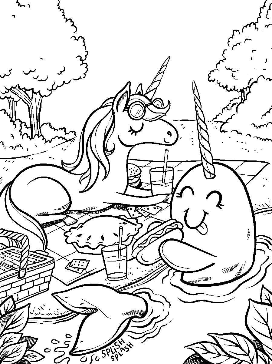 Unicornio y narval haciendo un picnic Página para colorear