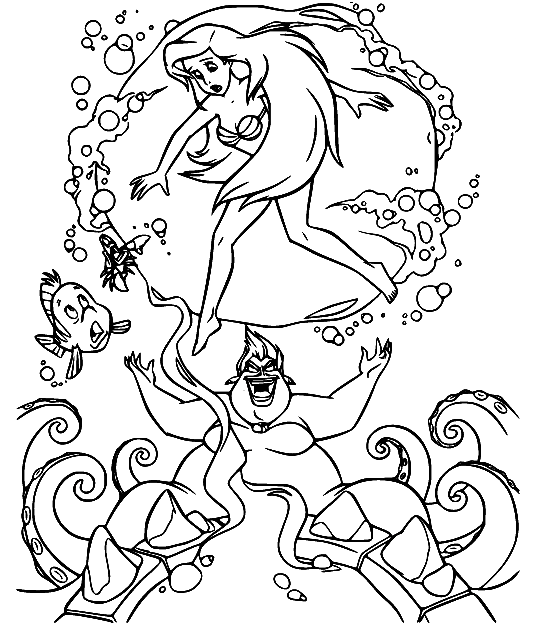 Úrsula convierte a Ariel en un dibujo humano para colorear