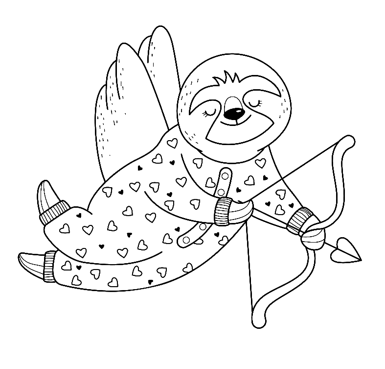 Valentine Sloth with Bow and Arrow Coloring Page