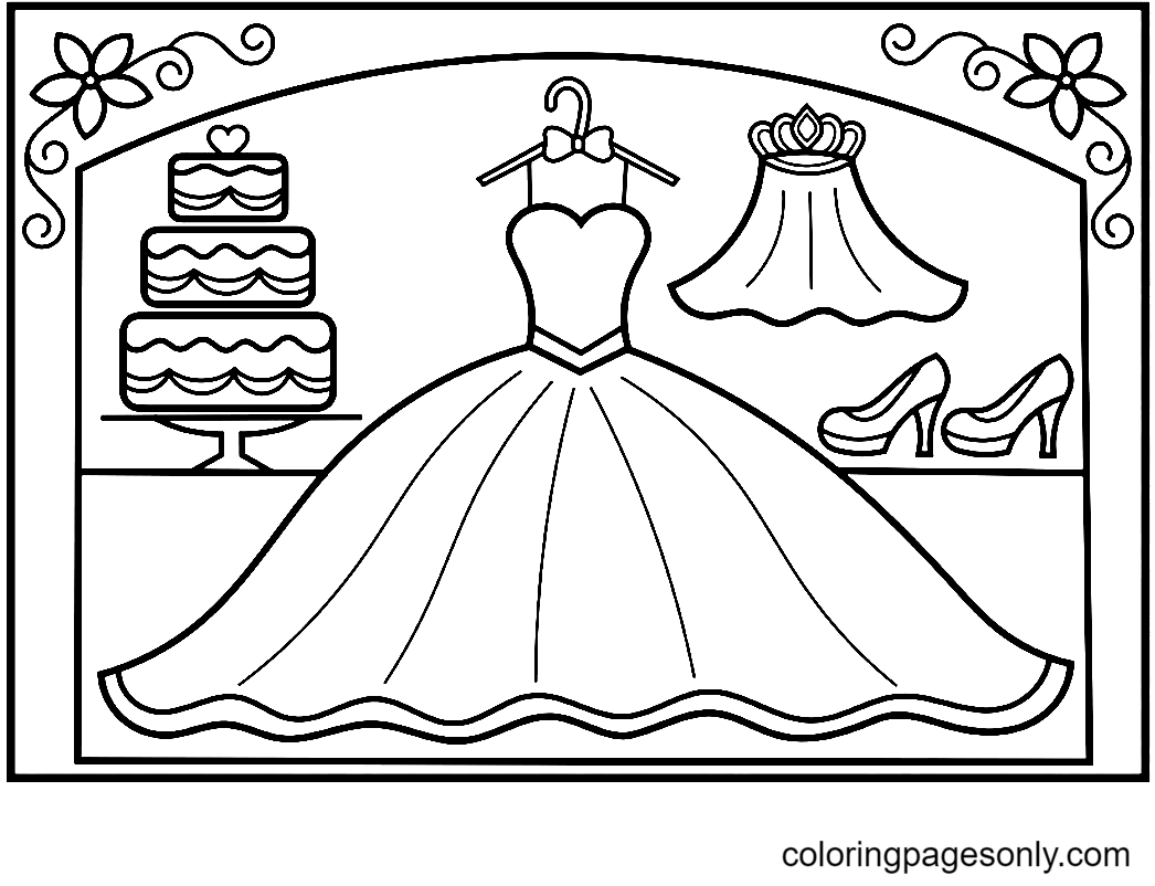 فستان الزفاف لصفحة التلوين للأطفال