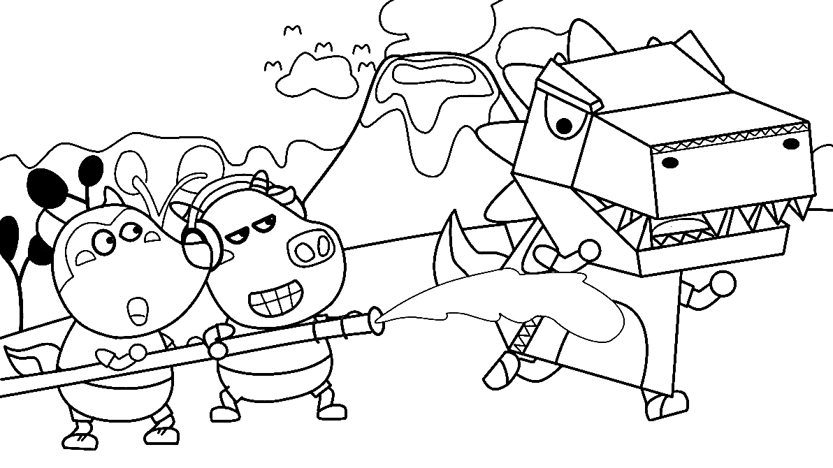 Wolfoo and Bufo with Dinosaur Daddy Coloring Page