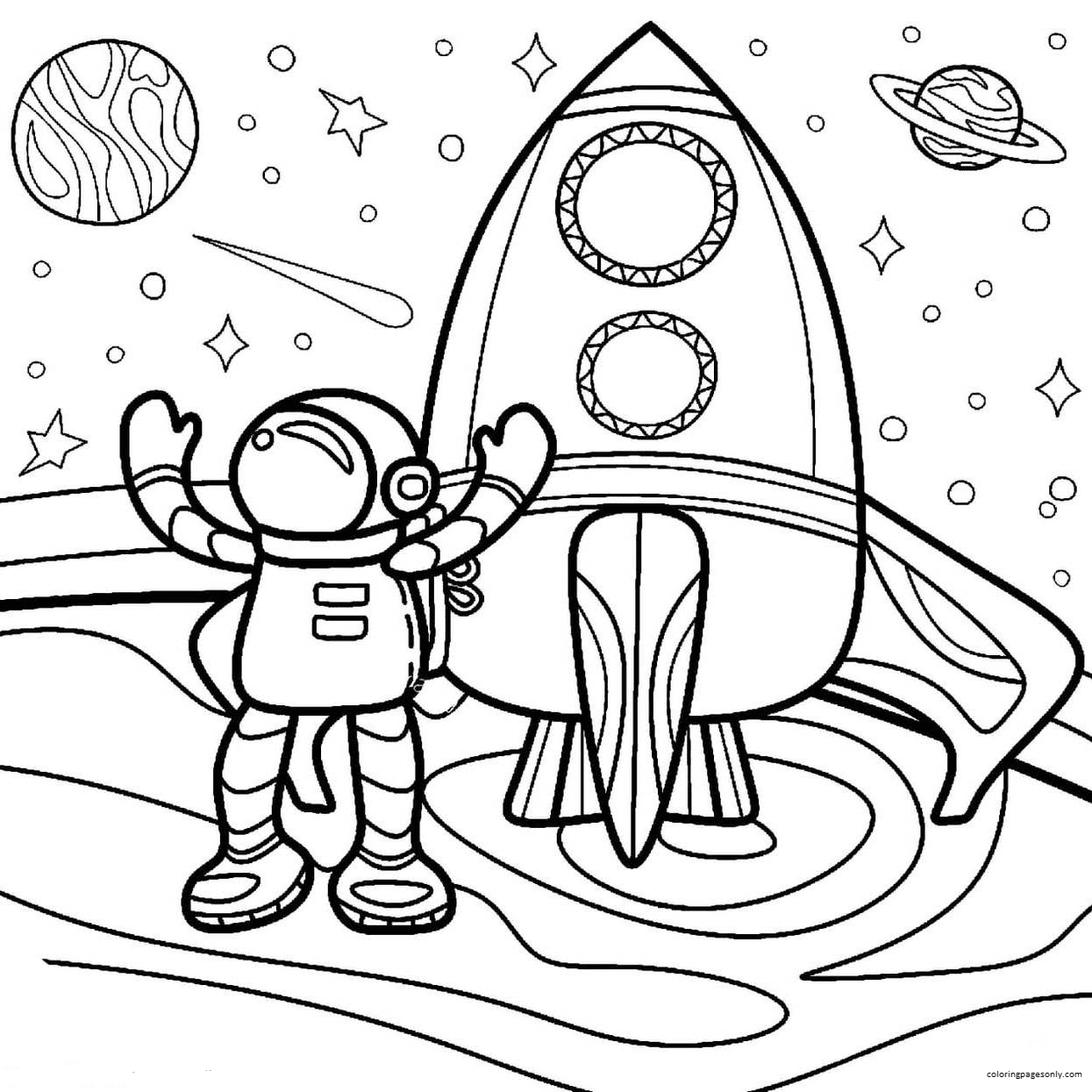 Astronaute de dessin animé avec fusée Coloriage