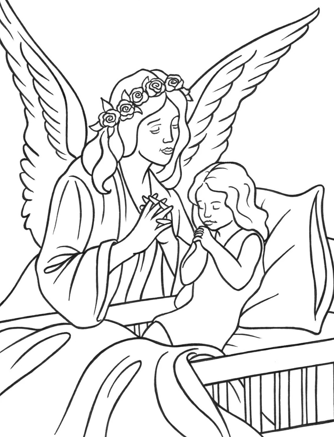 Desenho para colorir de criança anjo da guarda orando