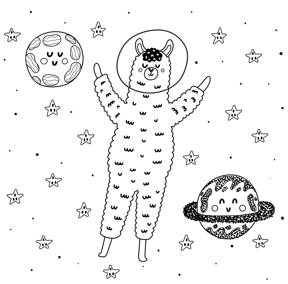 Llama Astronaut In Space Coloring Pages