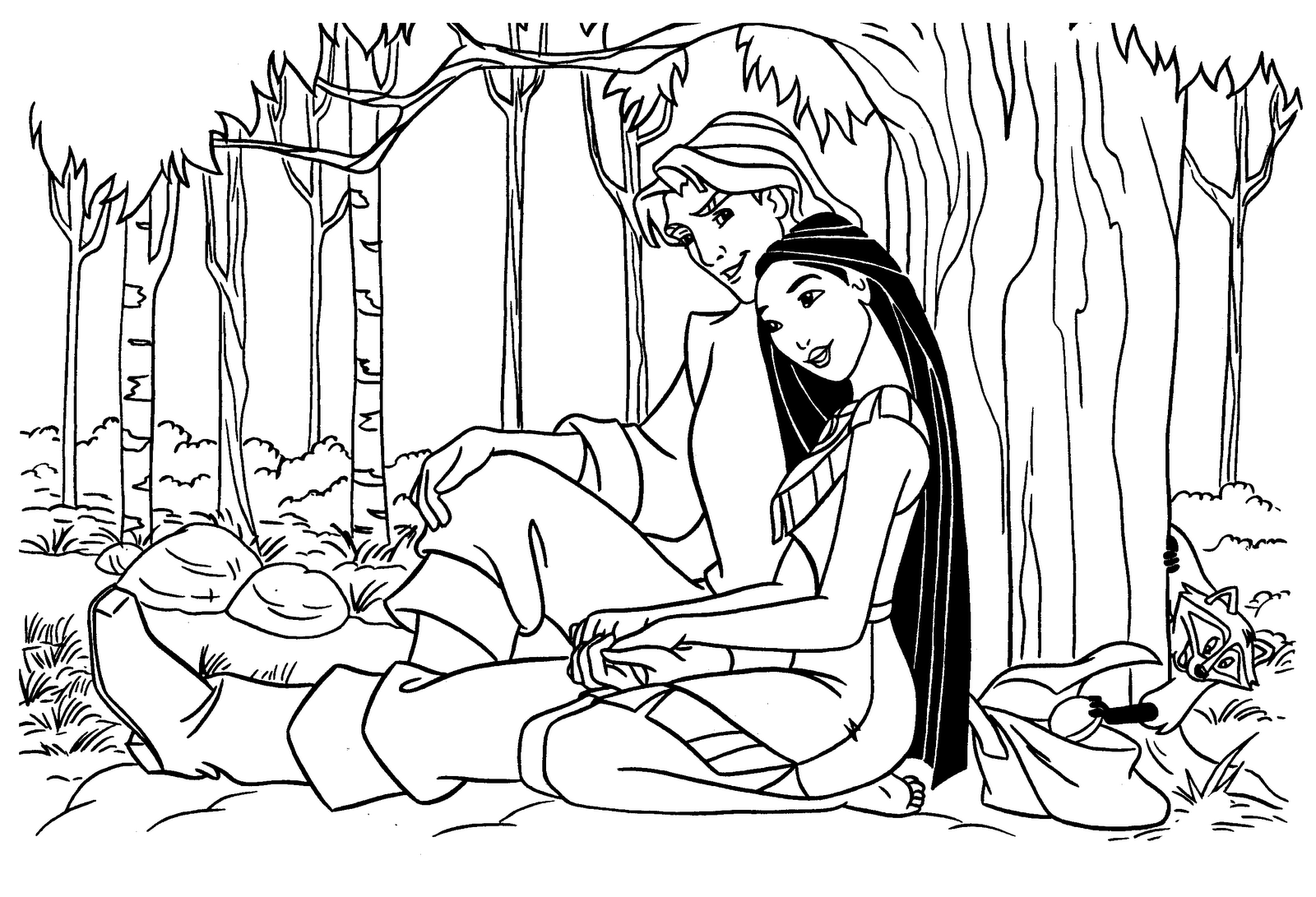 Pocahontas And John in The Forest Coloring Page