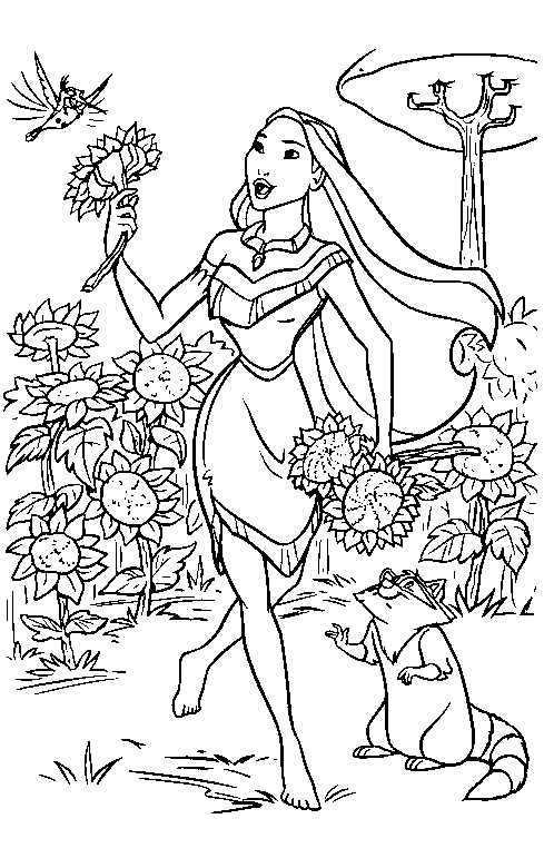 Coloriage Pocahontas dansant avec des fleurs