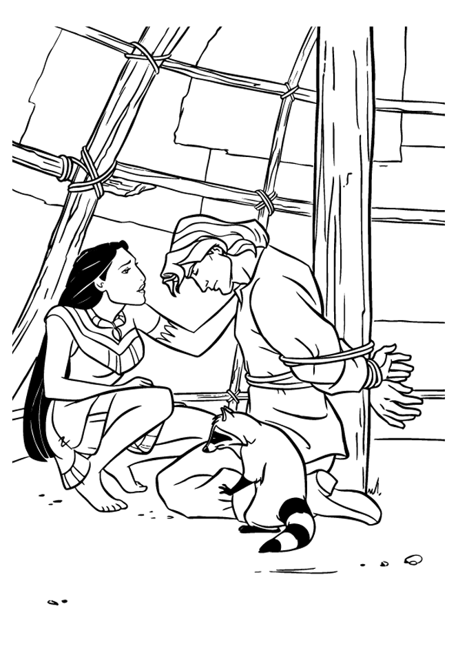 Раскраска Принцесса Покахонтас помогает Джону Смиту