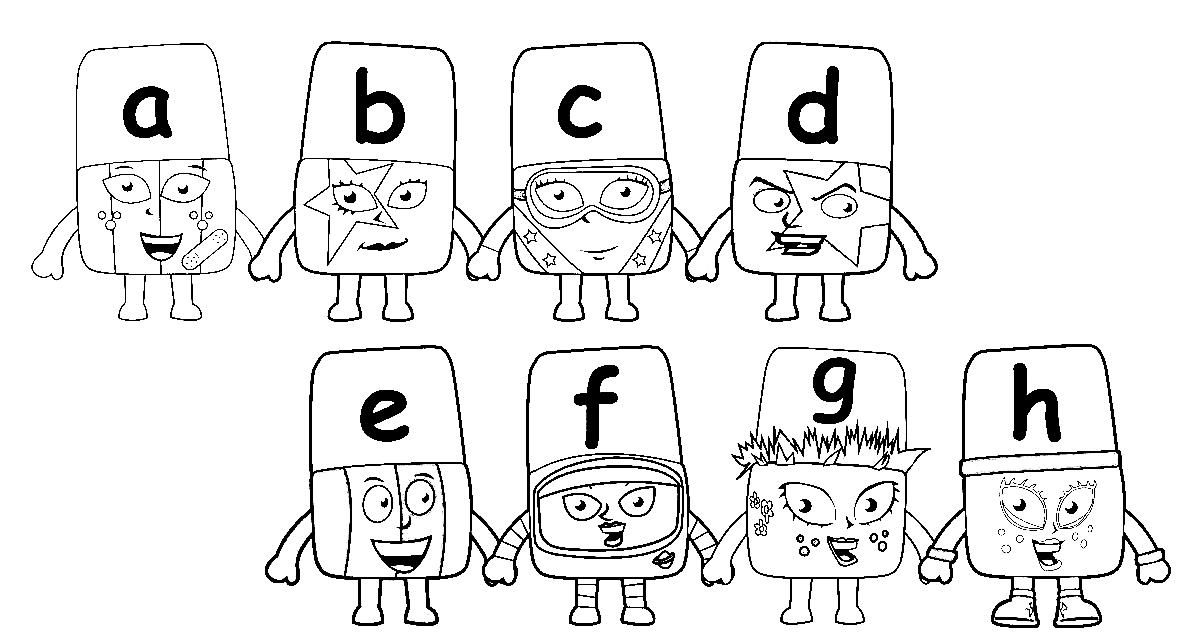 Alphablocks Letters A, B, C, D, E, F, G, and H Coloring Page