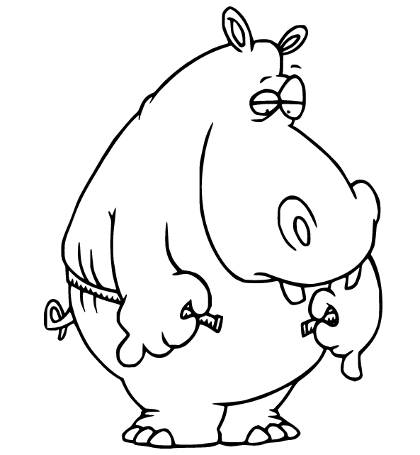 Cartoon Hippo Measuring Waist Coloring Page
