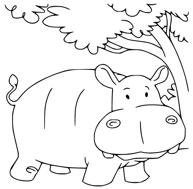 Cartoon Hippo Under the Tree Coloring Page