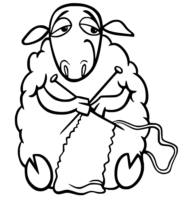 Cartoon Sheep Knitting a Sweater Coloring Page