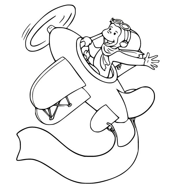 Curious George Flying the Plane Coloring Page