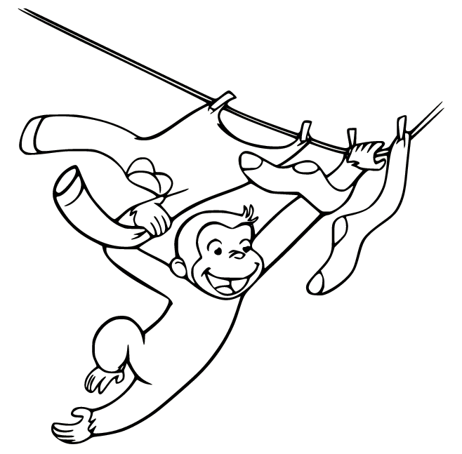 Curious George suspendu à une corde à linge de Curious George