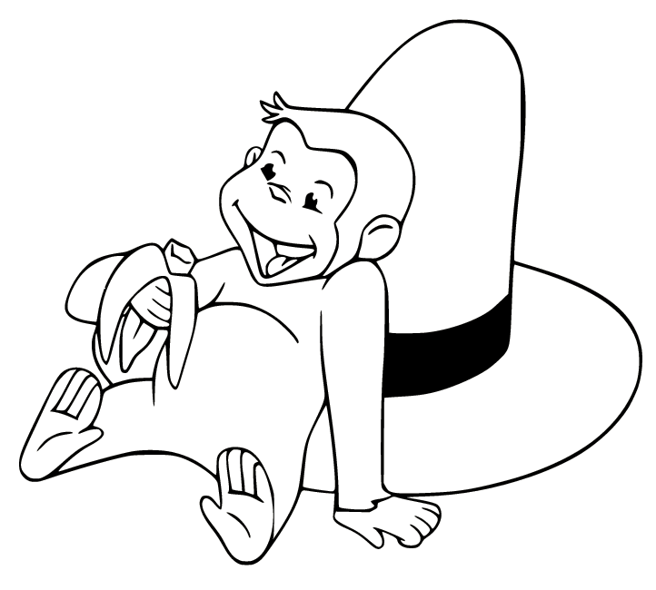 Desenho de George curioso deitado no chapéu comendo uma banana para colorir
