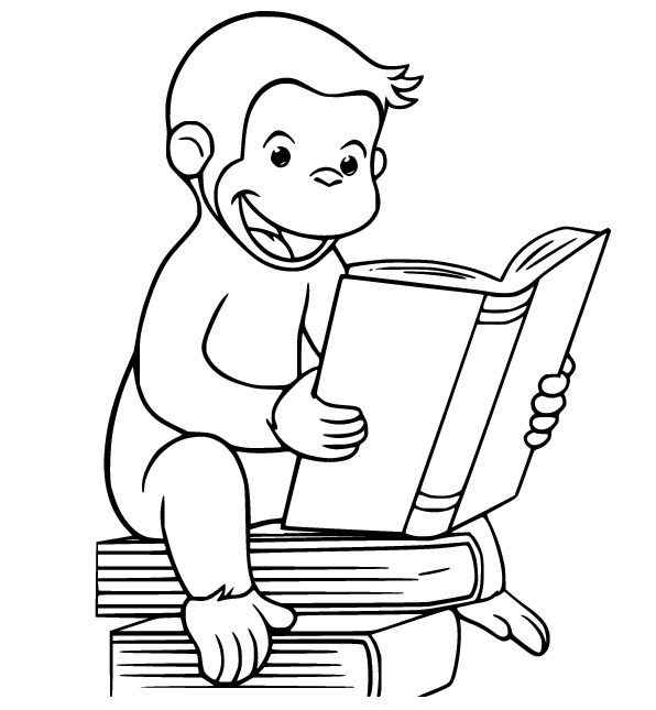 Curious George leest een boek Kleurplaat