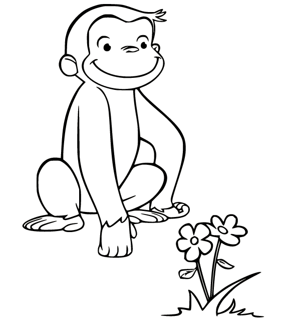 Curious George and Flowers Coloring Page