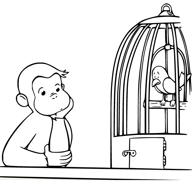 Desenho para colorir de George curioso e o pássaro na gaiola