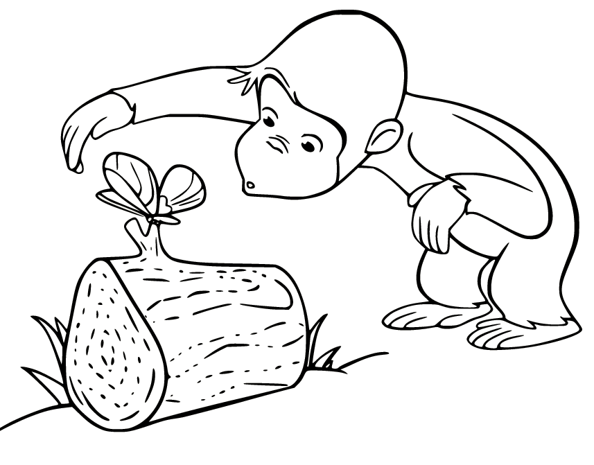 Curious George with Butterfly on Tree Stump Coloring Pages