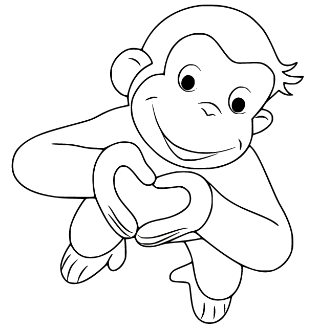 Curious George with Heart Coloring Page