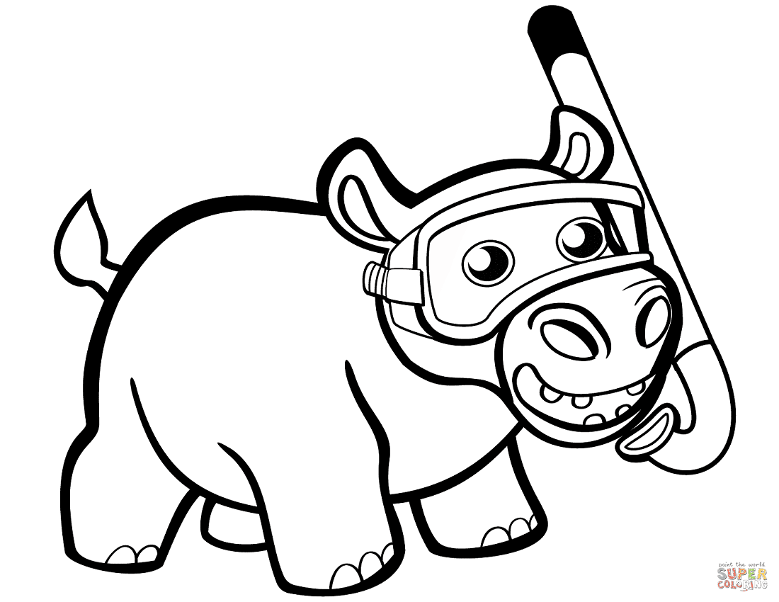 Cute Baby Hippo with Snorkel Coloring Pages