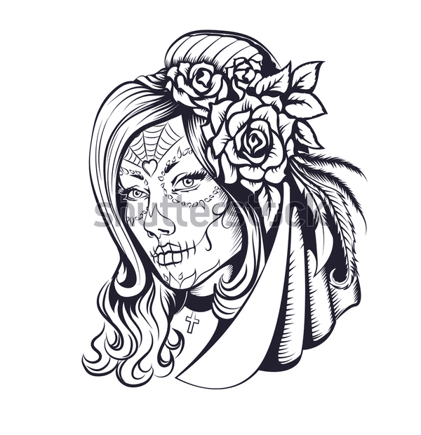 Day of Dead Makeup Girl with Flowers in Hair Coloring Pages