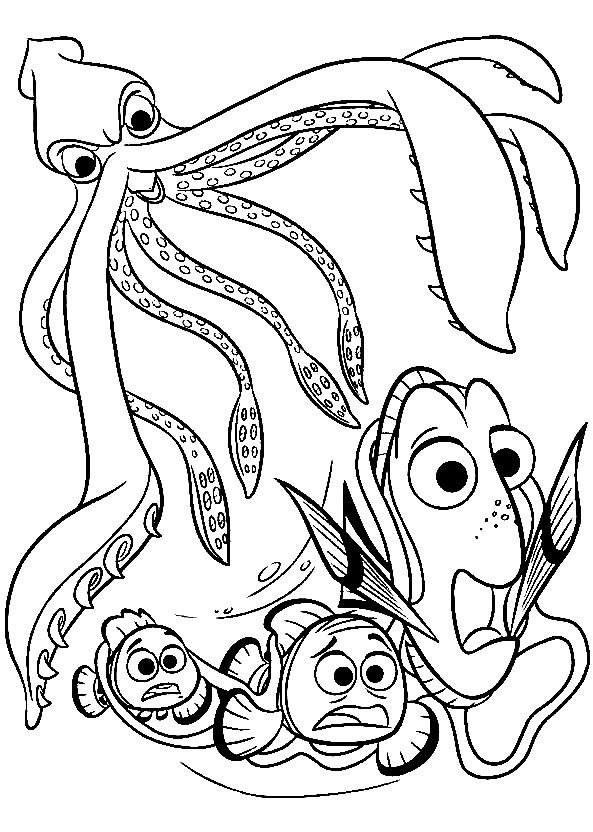 Раскраска Гигантский кальмар с Дори, Марлином и Немо