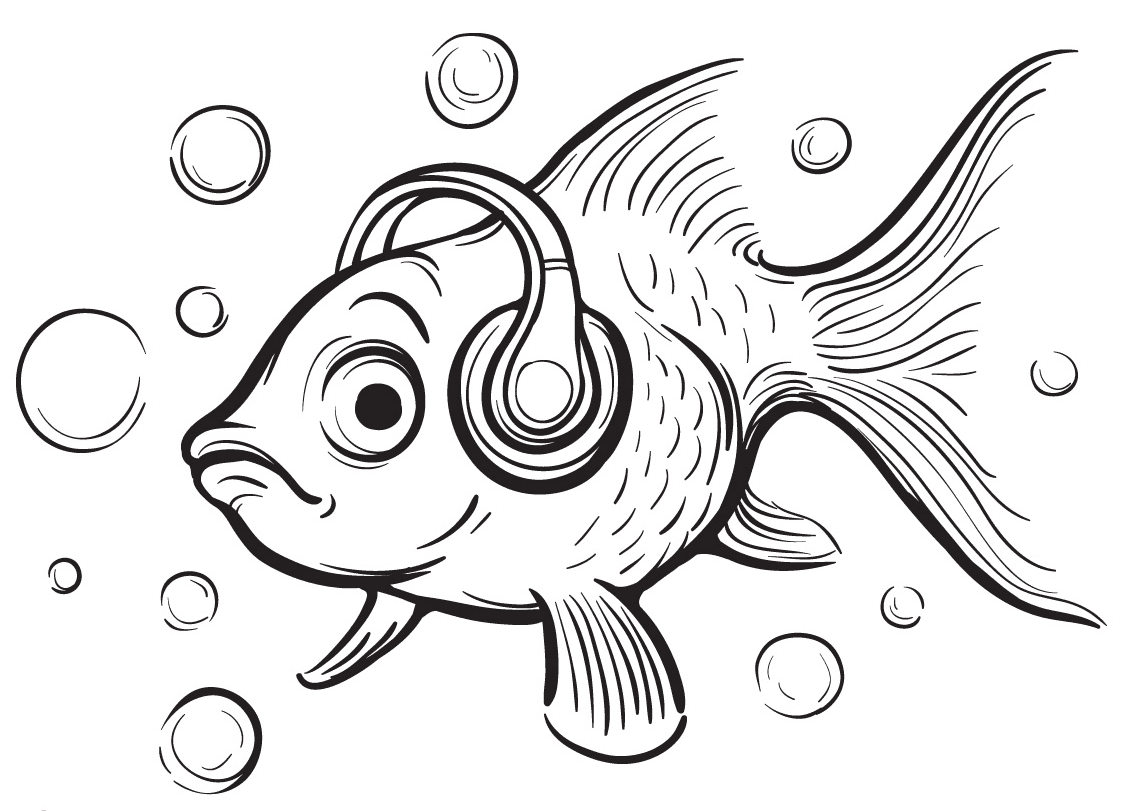 Goldfish Wearing Headphones Coloring Pages