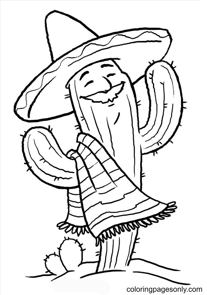 Happy Cactus with Sombrero Coloring Pages