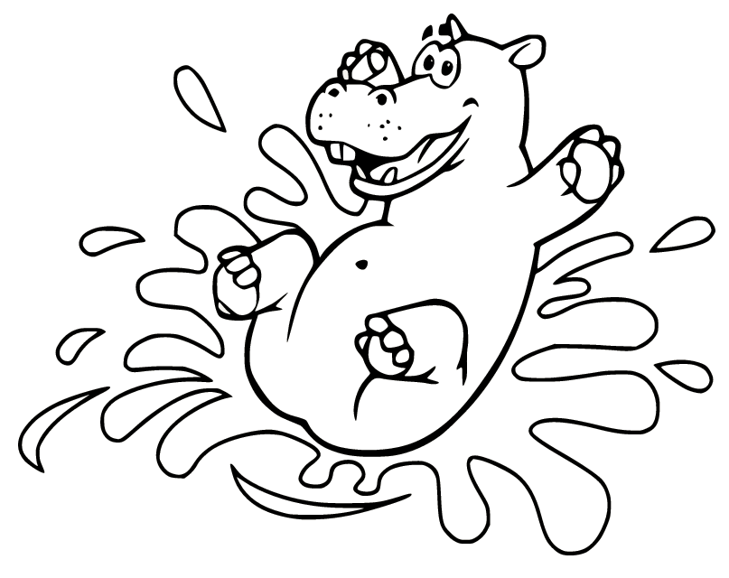 Happy Hippo Playing in the Water Coloring Page