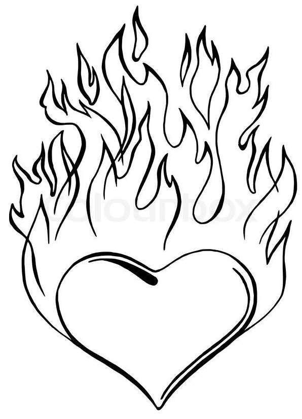 Pagina da colorare di cuore in fiamme