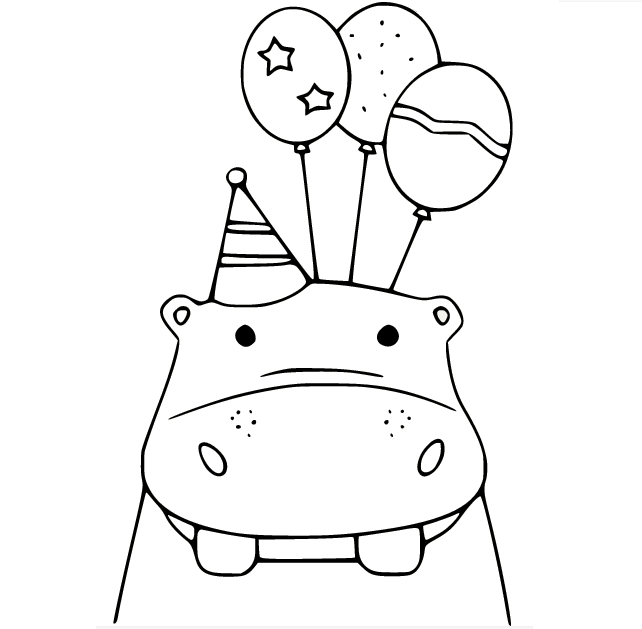Hippo in the Birthday Hat Coloring Page