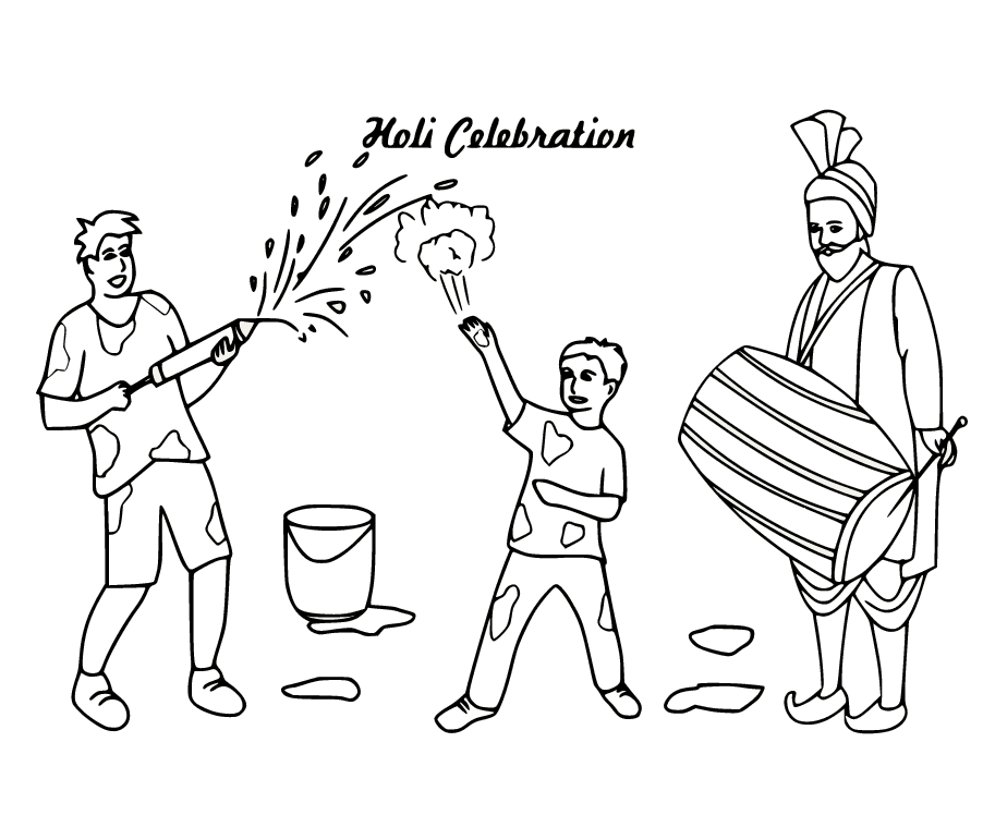 Página para colorir de celebração de Holi