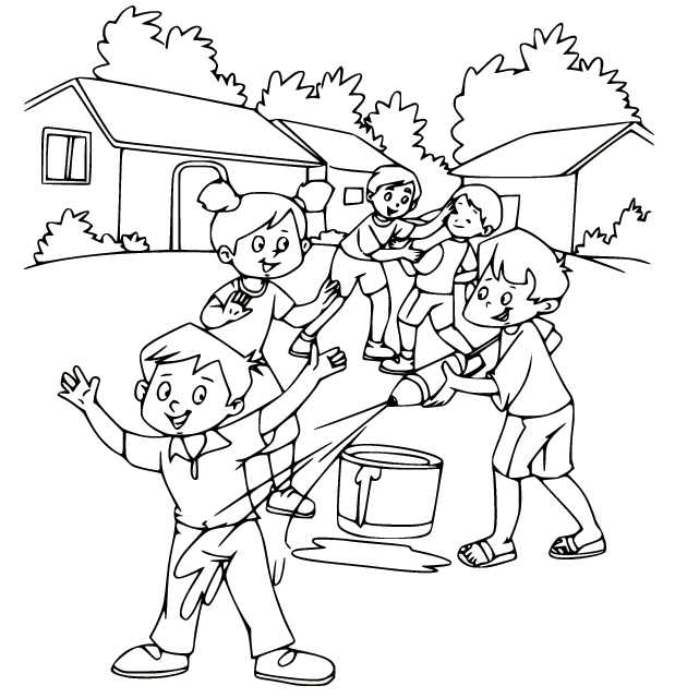 Kids Playing Holi Coloring Pages